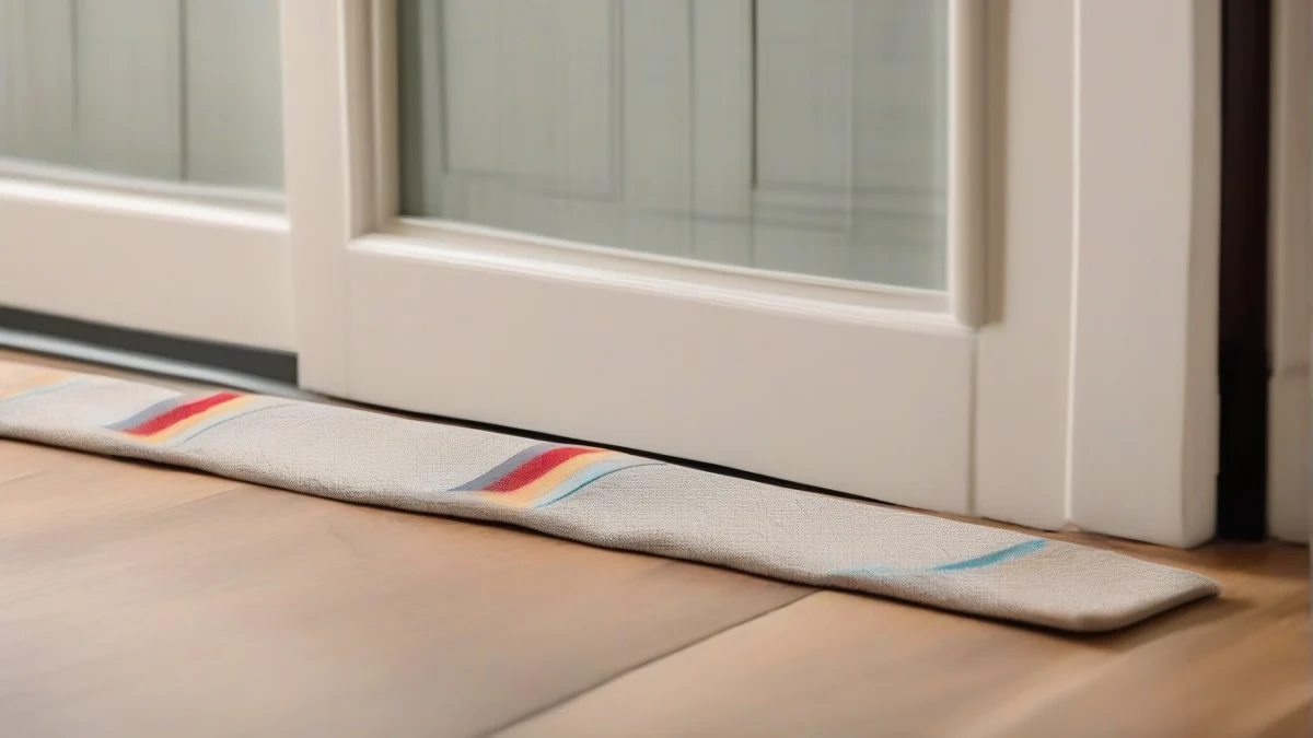 A draft stopper preventing cold air from entering a room.