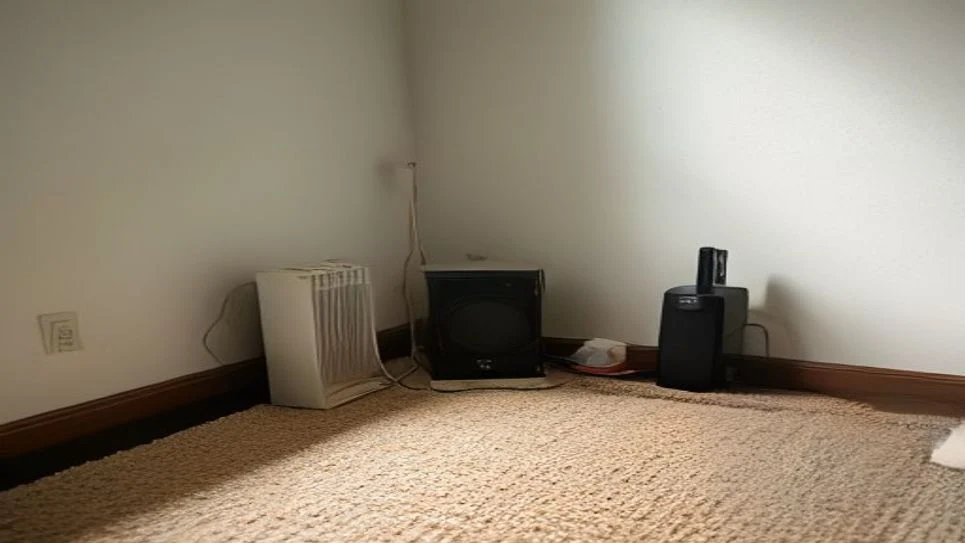 A DREO space heater positioned in a corner of a bedroom providing warmth