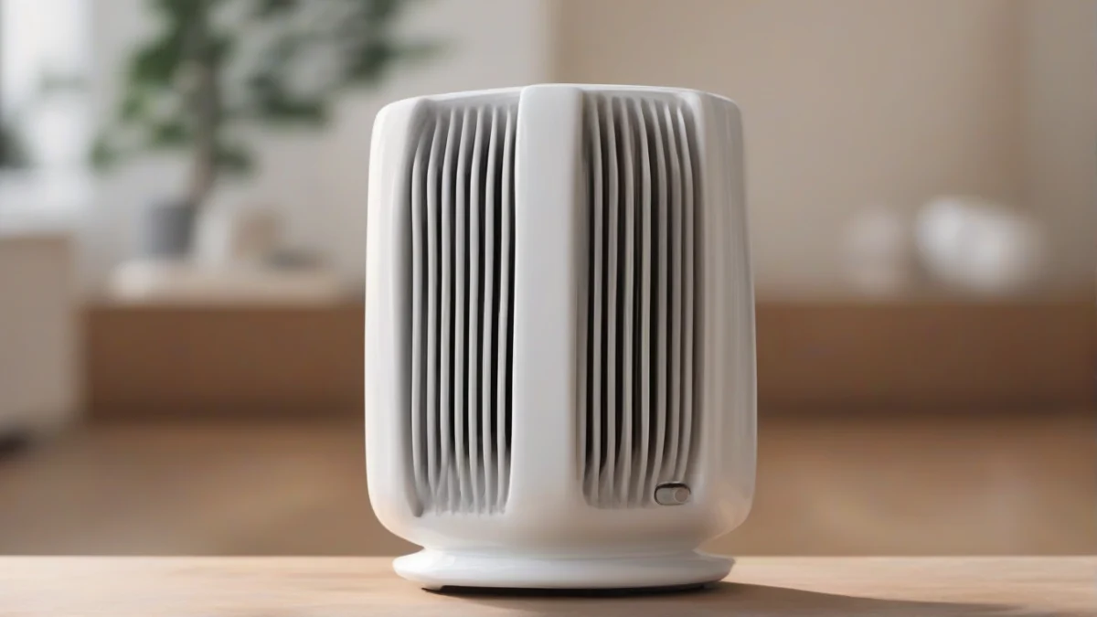 a ceramic heater positioned on a table in a cozy living room