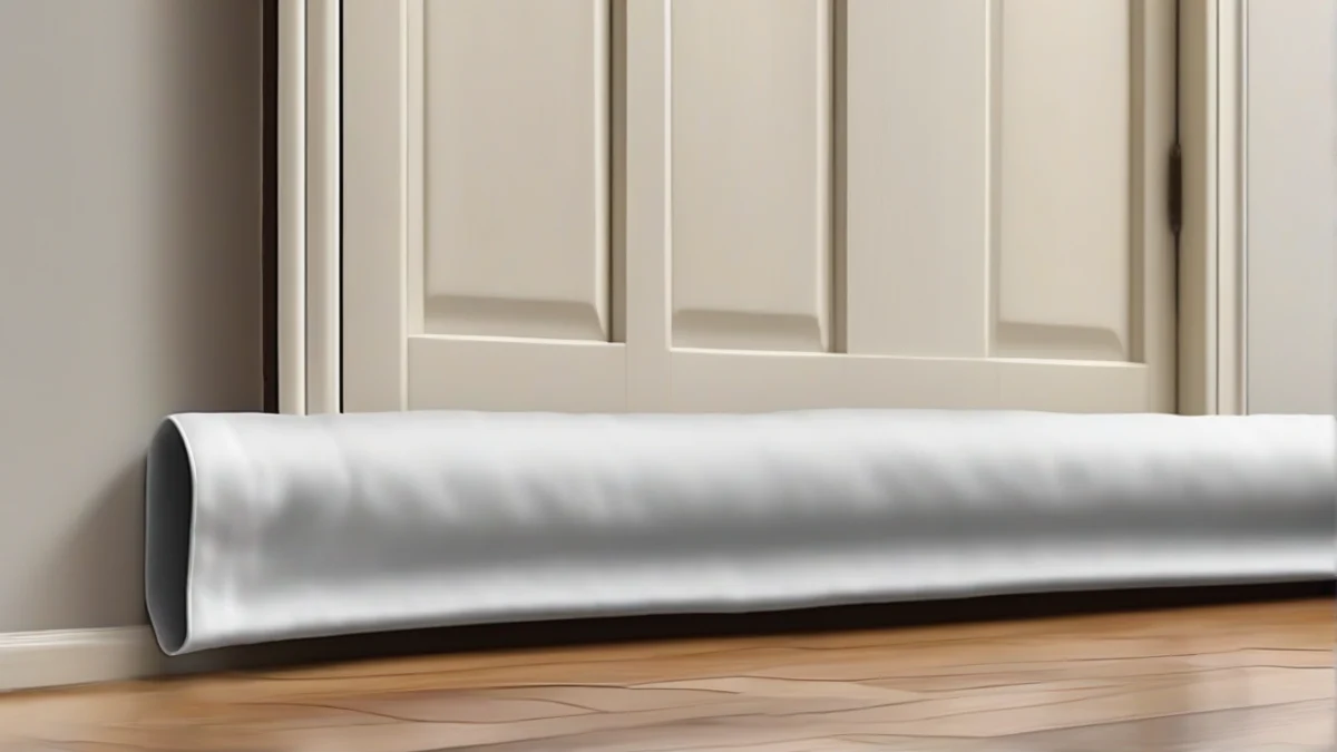 A draft stopper preventing cold air from entering a room.