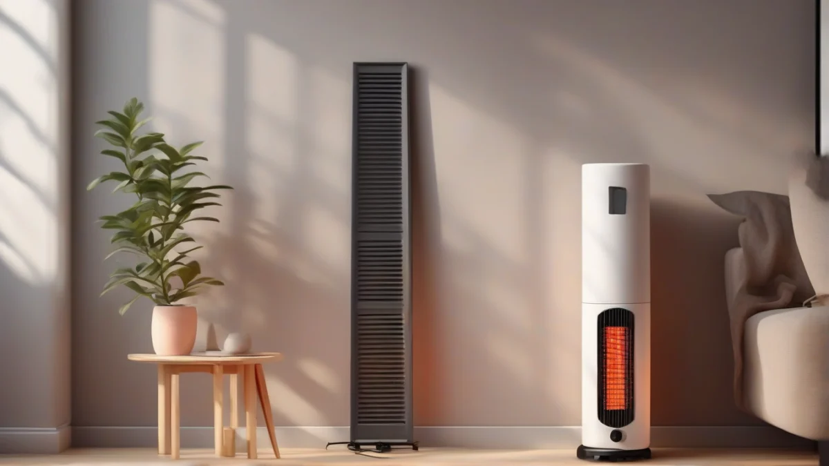 A sleek infrared heater emitting warmth in a comfortable space