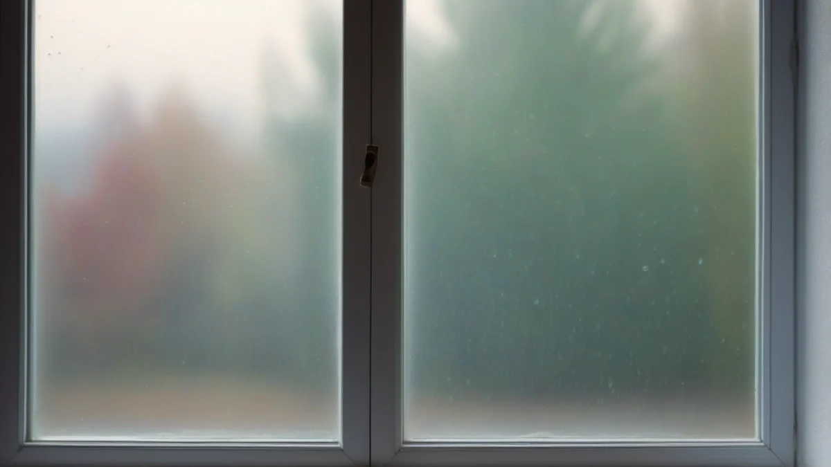 A single-glazed window showing condensation on the glass