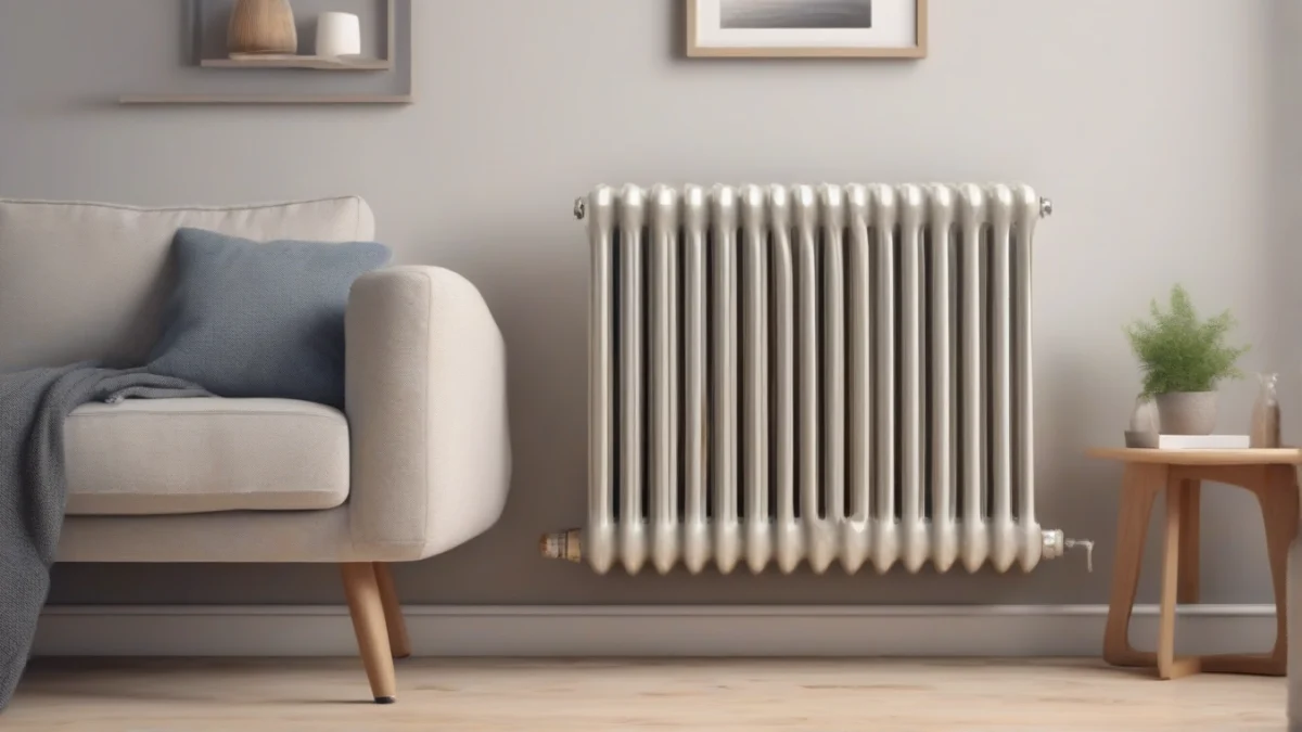 A warm oil-filled radiator heater next to a sofa