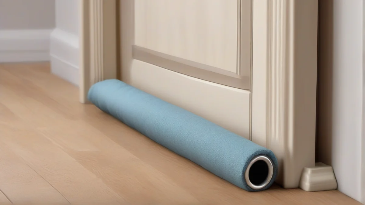 A fabric draft stopper blocking cold air under a door
