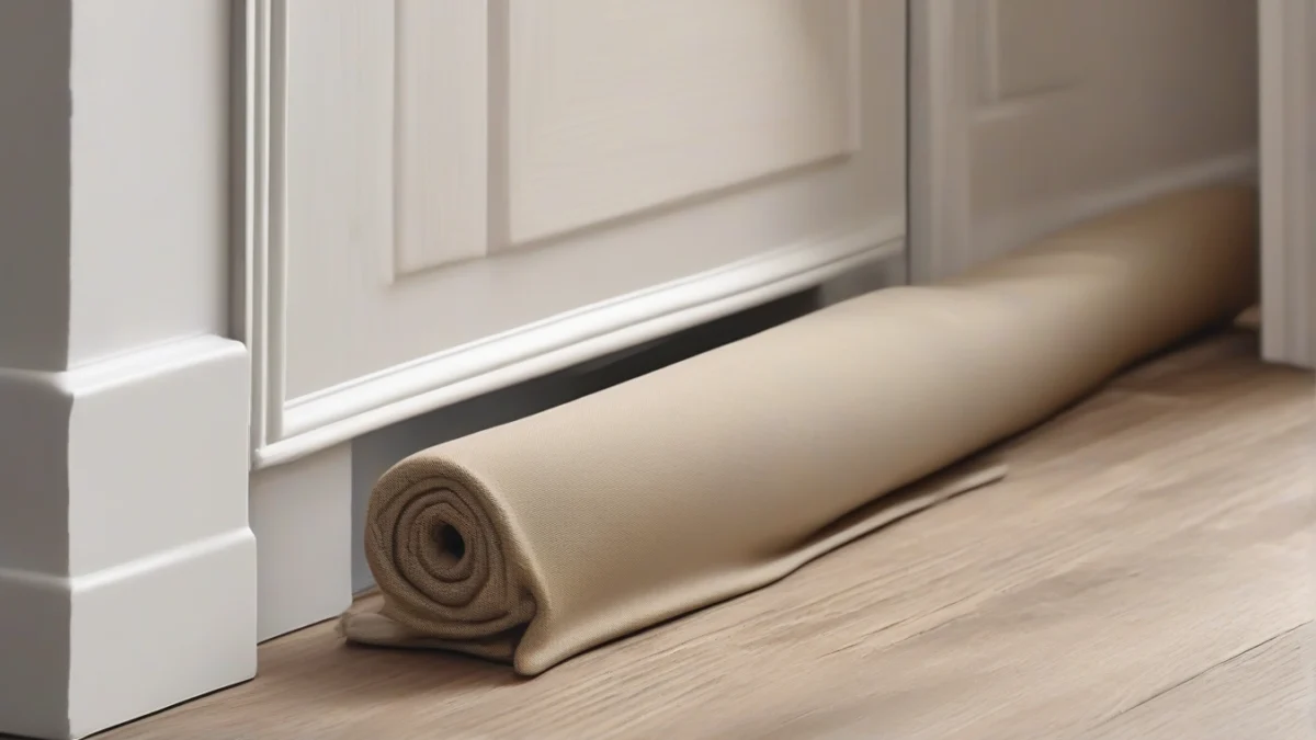 A fabric draft stopper blocking cold air at a door