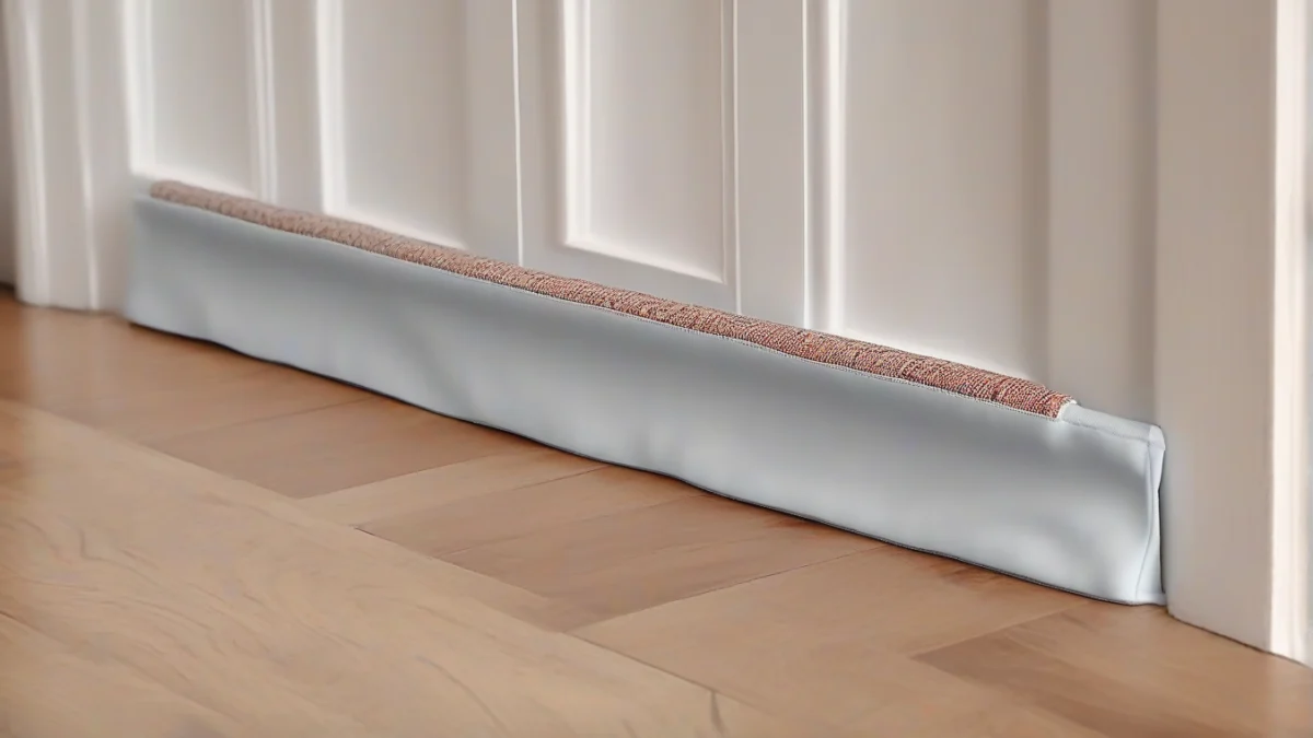 A fabric draft stopper blocking cold air at a door gap